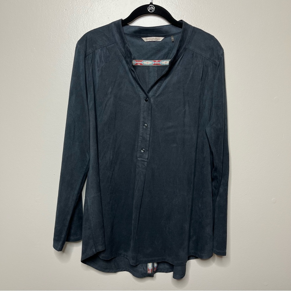 Soft Surroundings Gray Faux Suede Tab Sleeve Popover Blouse Top Womens Size L